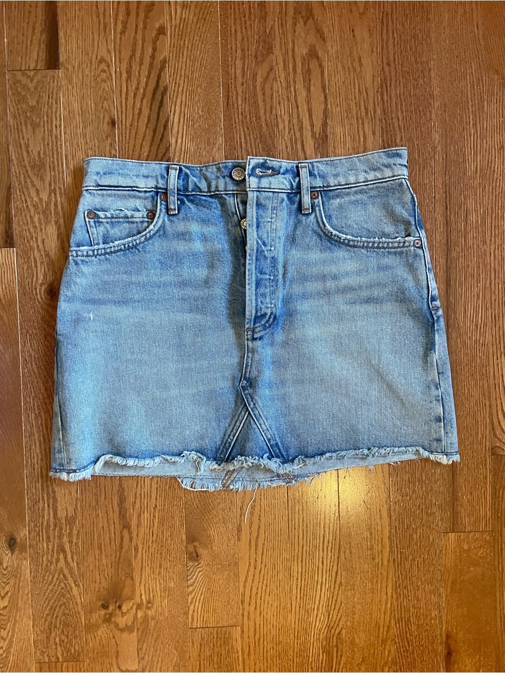 Agolde Light Blue Distressed Denim Mini Skirt